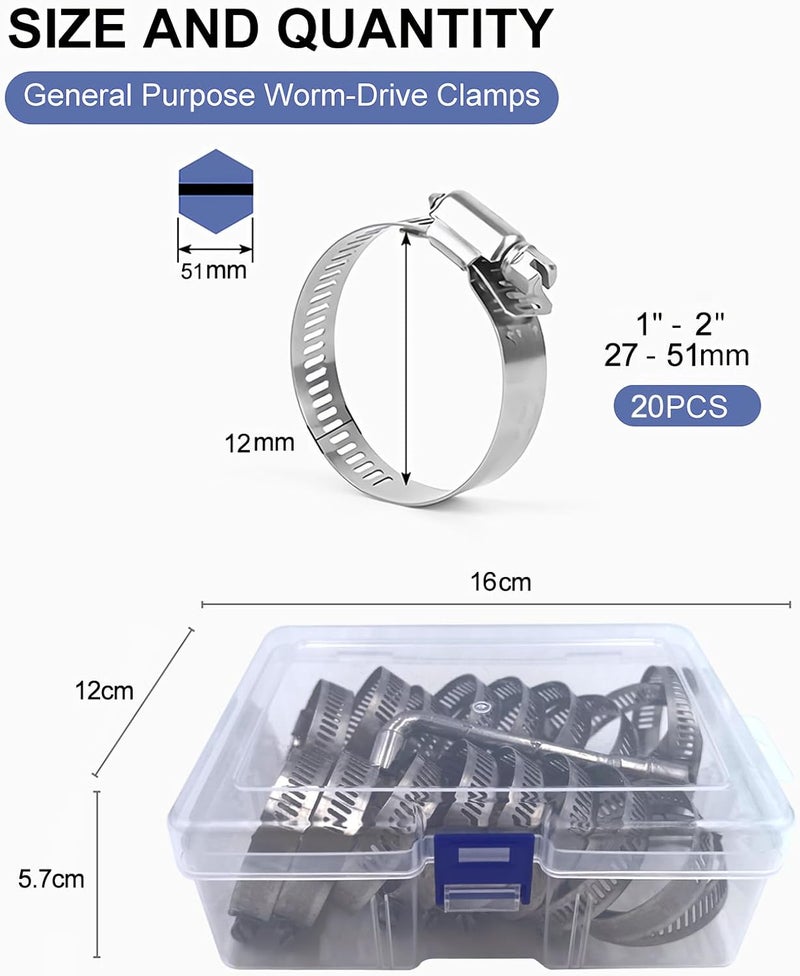 Haespot Hose Clamps 19PCS Set, 304 Stainless Steel, Radiator Hose Clamps, Big Size, 1– 2"(27-51mm) with 1pc Socket Wrench,Worm Gear Clamps Set for Automotive,Plumbing,Intercooler - Image 2
